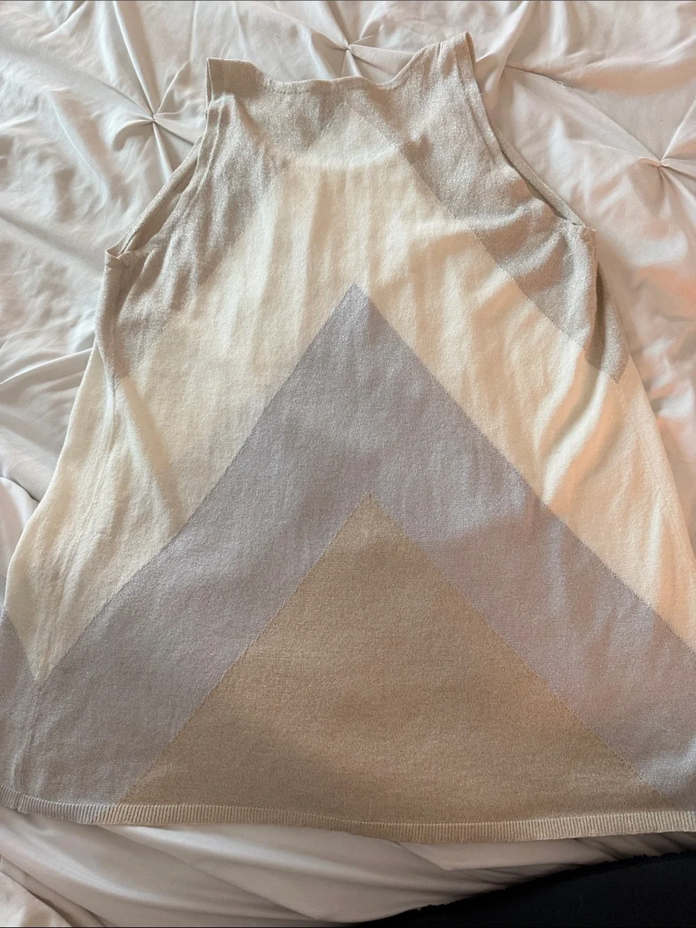 White House Black Market Cream, Silver & Gold Chevron Pleated Tank